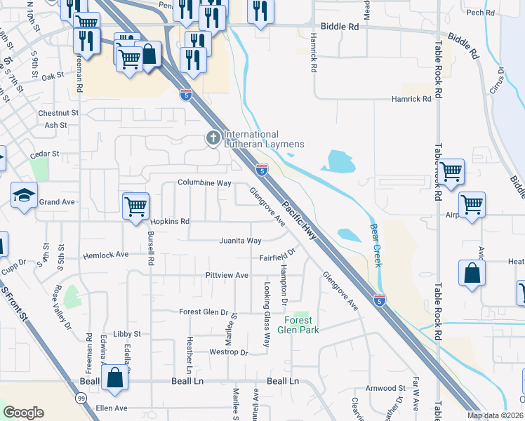 map of restaurants, bars, coffee shops, grocery stores, and more near 1002 Brandi Way in Central Point