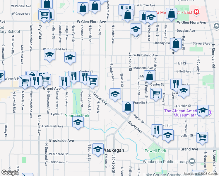 map of restaurants, bars, coffee shops, grocery stores, and more near 713 Pine Street in Waukegan