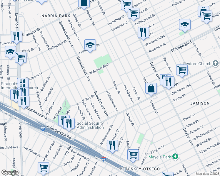 map of restaurants, bars, coffee shops, grocery stores, and more near 9604 North Martindale Street in Detroit