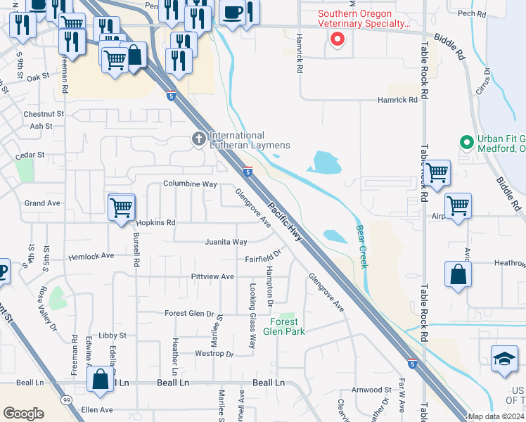map of restaurants, bars, coffee shops, grocery stores, and more near 996 Glengrove Avenue in Central Point