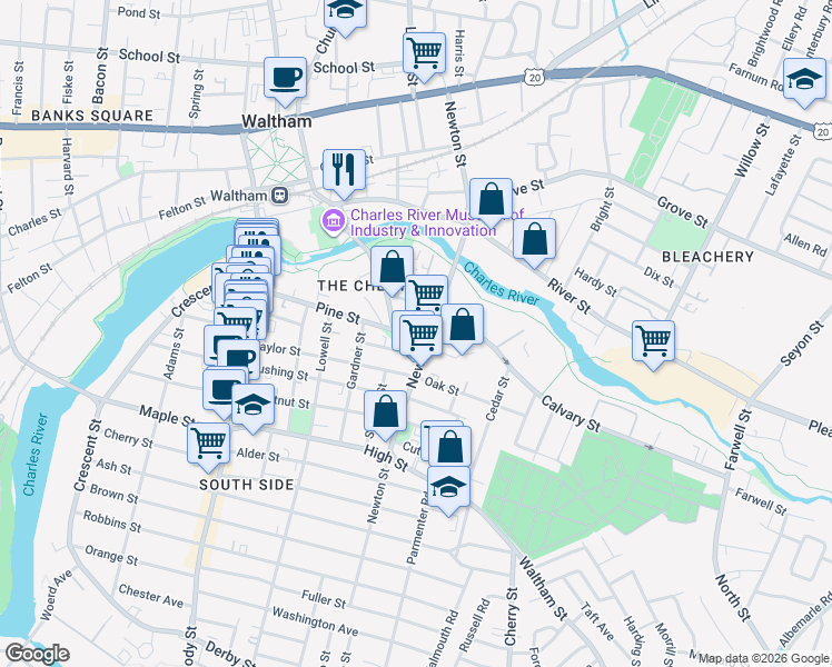 map of restaurants, bars, coffee shops, grocery stores, and more near 146 Pine Street in Waltham