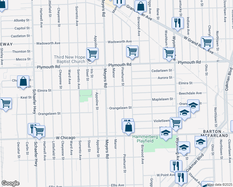 map of restaurants, bars, coffee shops, grocery stores, and more near 10011 Pinehurst Street in Detroit