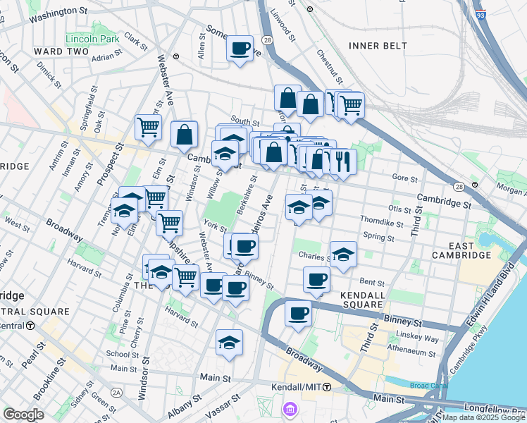 map of restaurants, bars, coffee shops, grocery stores, and more near Cardinal Medeiros Ave & James Way in Mid-Cambridge