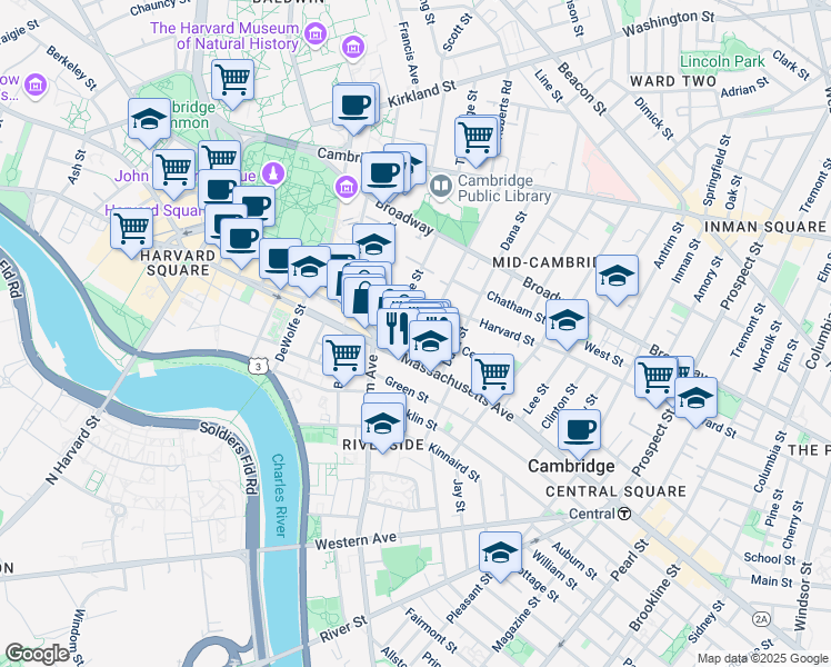 map of restaurants, bars, coffee shops, grocery stores, and more near 12 Trowbridge Street in Cambridge