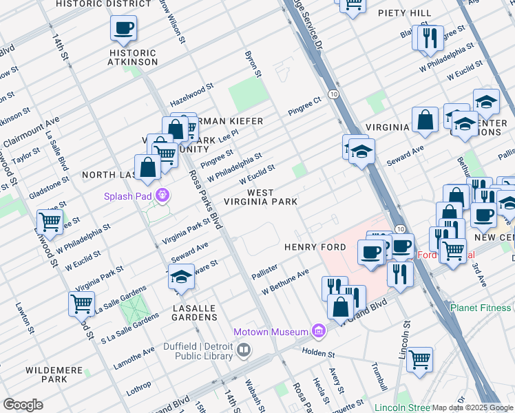 map of restaurants, bars, coffee shops, grocery stores, and more near 1621 Virginia Park Street in Detroit