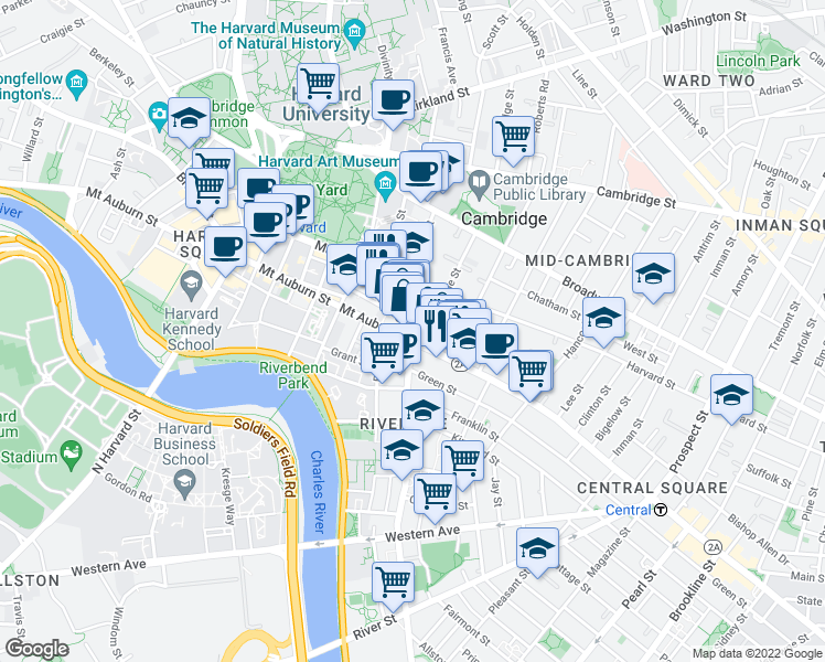 map of restaurants, bars, coffee shops, grocery stores, and more near Massachusetts Ave & Putnam Ave in Mid-Cambridge