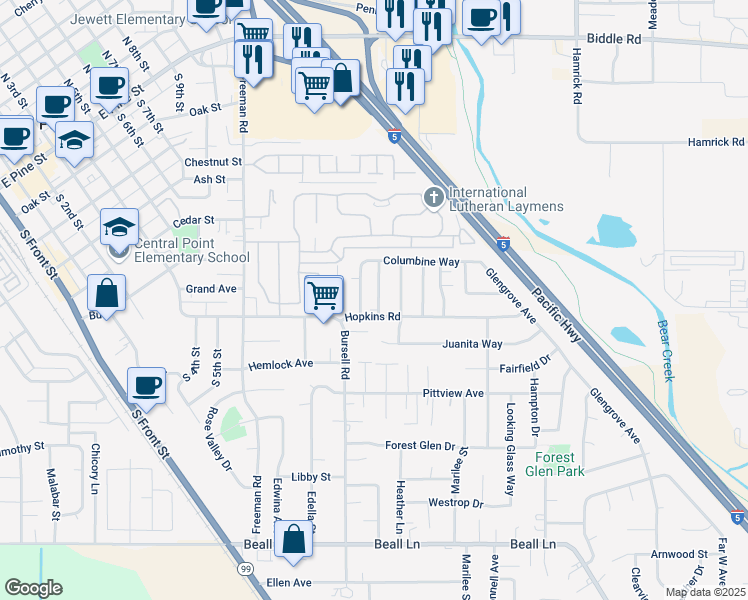 map of restaurants, bars, coffee shops, grocery stores, and more near 567 Countryside Drive in Central Point