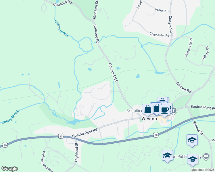 map of restaurants, bars, coffee shops, grocery stores, and more near 25 Jericho Road in Weston