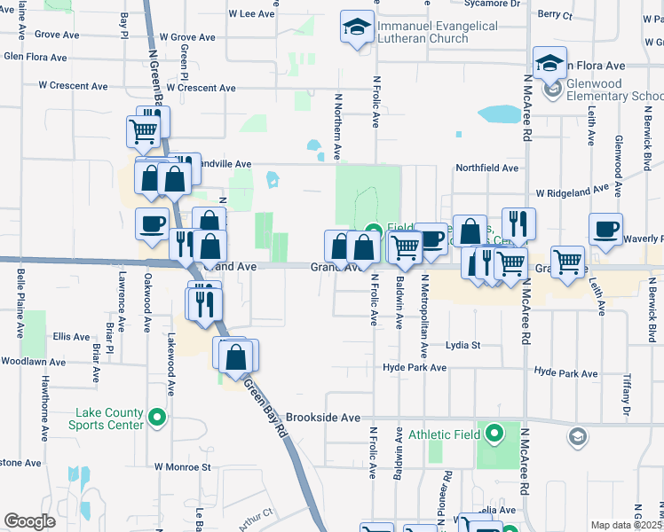 map of restaurants, bars, coffee shops, grocery stores, and more near 3008 Grand Avenue in Waukegan