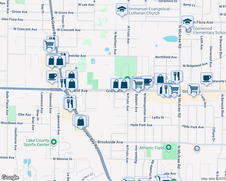 map of restaurants, bars, coffee shops, grocery stores, and more near 3010 Grand Avenue in Waukegan