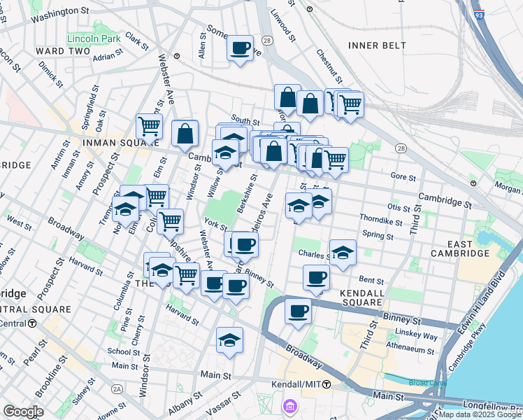 map of restaurants, bars, coffee shops, grocery stores, and more near 1 Marney Street in Cambridge