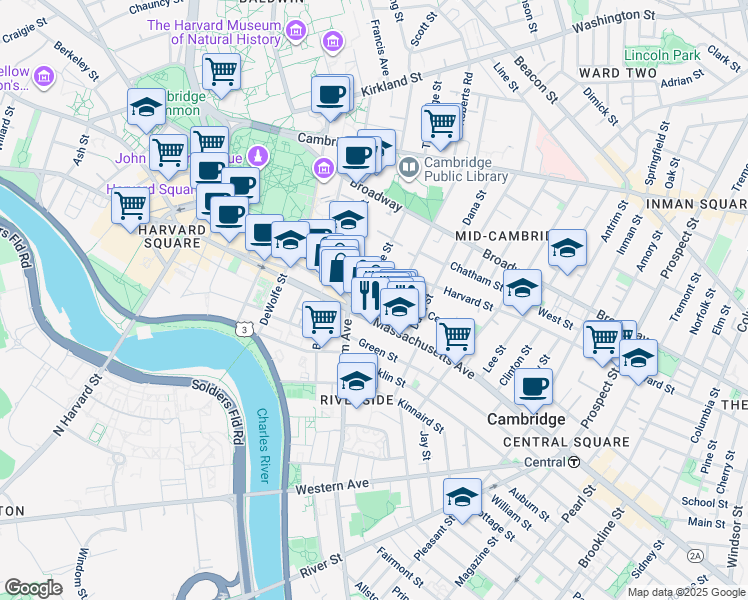 map of restaurants, bars, coffee shops, grocery stores, and more near 10 Trowbridge Street in Cambridge