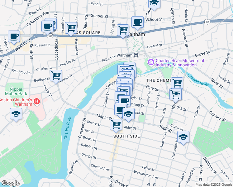 map of restaurants, bars, coffee shops, grocery stores, and more near 29 Spruce Street in Waltham