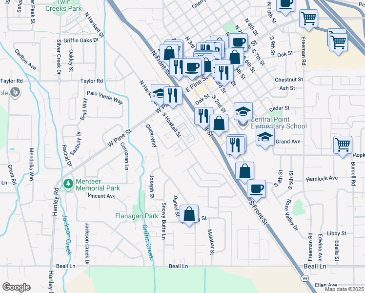 map of restaurants, bars, coffee shops, grocery stores, and more near 199 South Haskell Street in Central Point