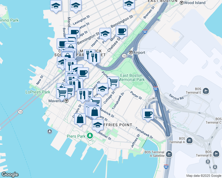 map of restaurants, bars, coffee shops, grocery stores, and more near 194 Cottage Street in Boston