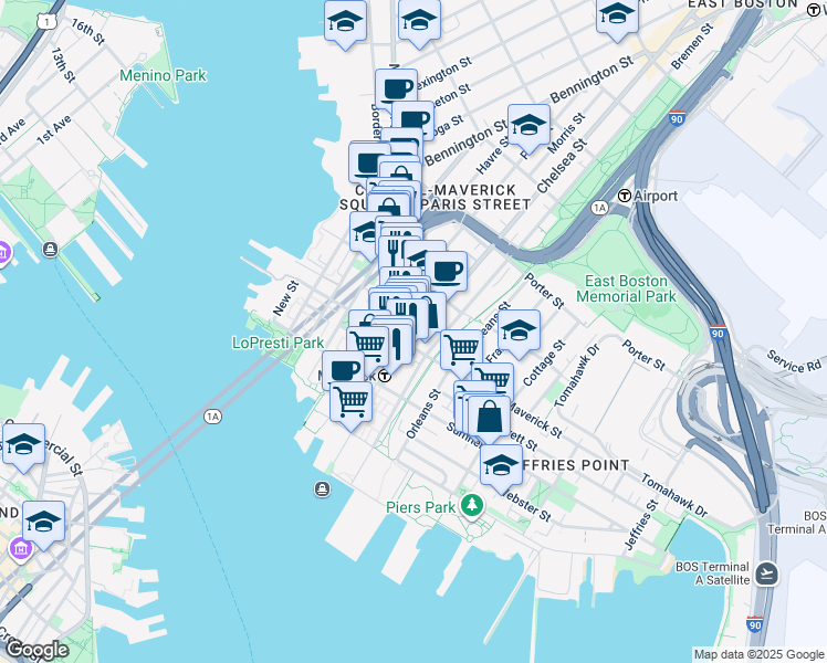 map of restaurants, bars, coffee shops, grocery stores, and more near 6 Chelsea Street in Boston