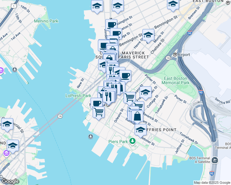 map of restaurants, bars, coffee shops, grocery stores, and more near 6 Chelsea Street in Boston
