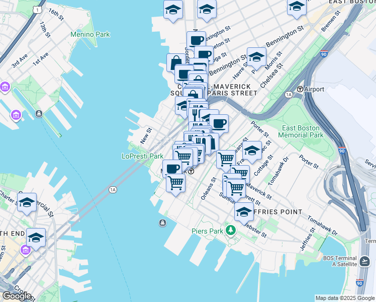 map of restaurants, bars, coffee shops, grocery stores, and more near 97 Maverick Street in Boston