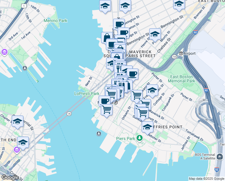 map of restaurants, bars, coffee shops, grocery stores, and more near 97 Maverick Street in Boston