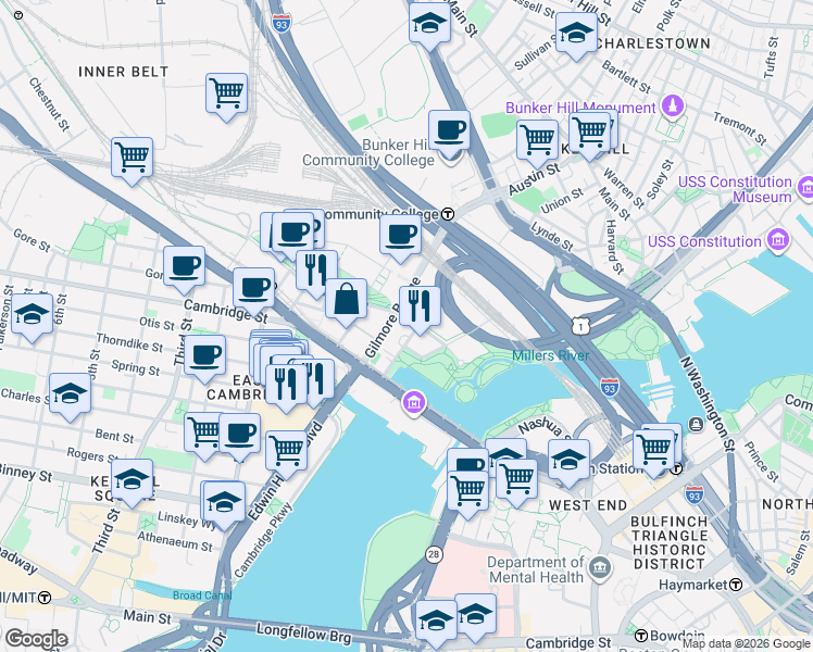 map of restaurants, bars, coffee shops, grocery stores, and more near 10 Museum Way in Cambridge