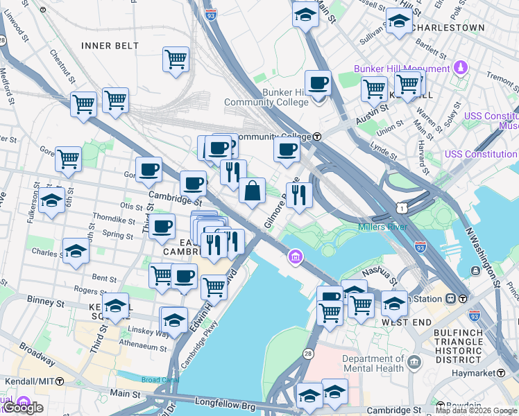 map of restaurants, bars, coffee shops, grocery stores, and more near in Cambridge