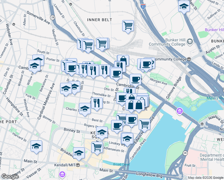 map of restaurants, bars, coffee shops, grocery stores, and more near 63 Otis Street in Cambridge