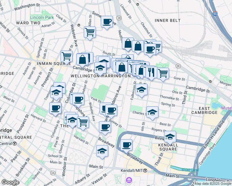 map of restaurants, bars, coffee shops, grocery stores, and more near 1 Marney Street in Cambridge