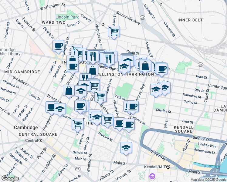 map of restaurants, bars, coffee shops, grocery stores, and more near 386 Windsor Street in Cambridge