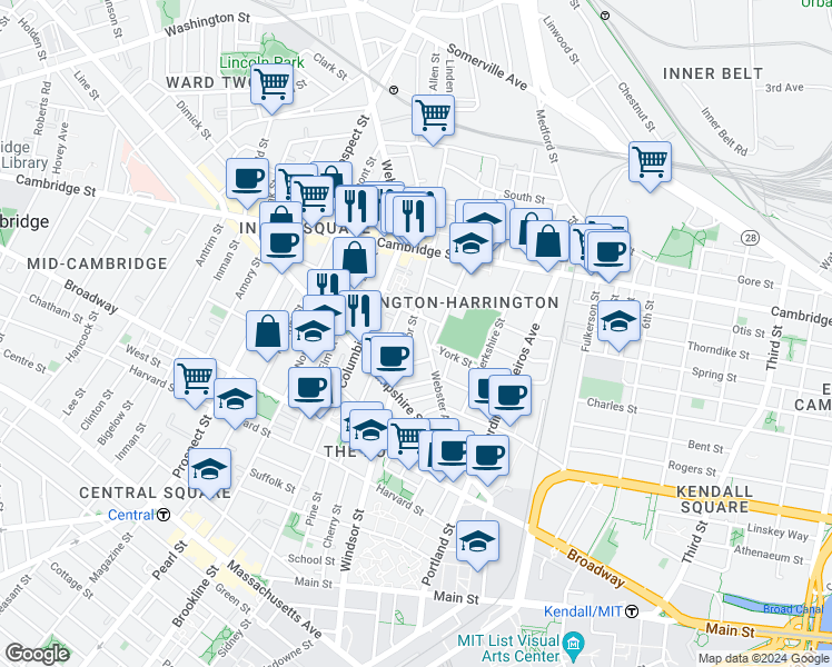 map of restaurants, bars, coffee shops, grocery stores, and more near 386 Windsor Street in Cambridge