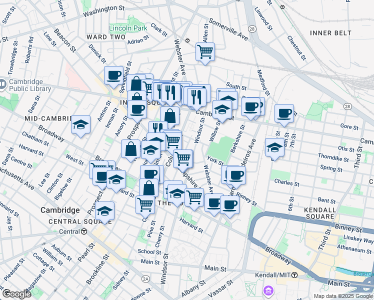 map of restaurants, bars, coffee shops, grocery stores, and more near 310 Columbia Street in Cambridge