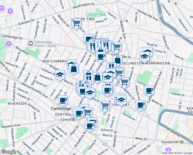 map of restaurants, bars, coffee shops, grocery stores, and more near 210 Prospect Street in Cambridge