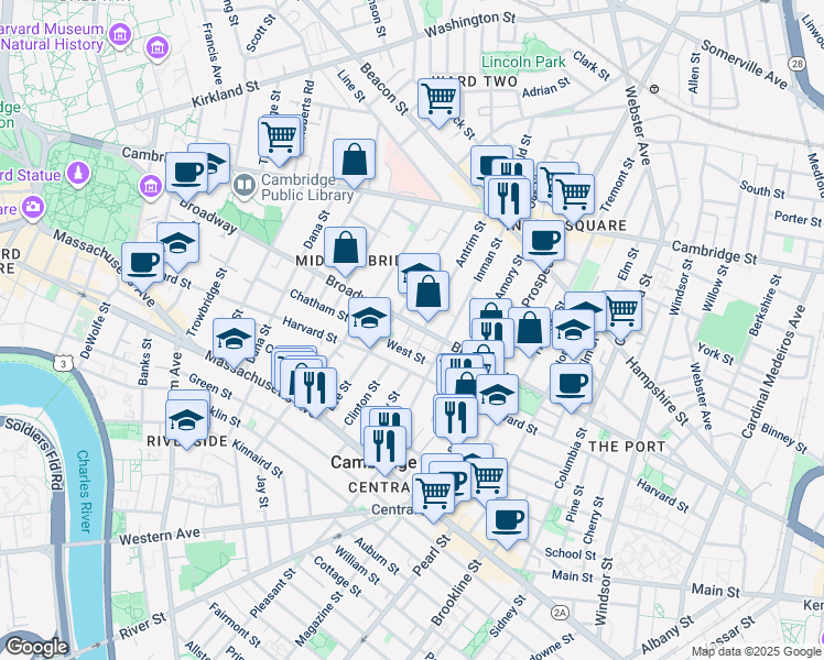 map of restaurants, bars, coffee shops, grocery stores, and more near 364 Broadway in Cambridge