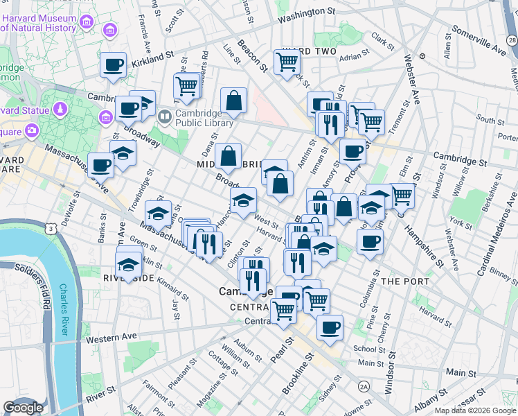 map of restaurants, bars, coffee shops, grocery stores, and more near 364 Broadway in Cambridge