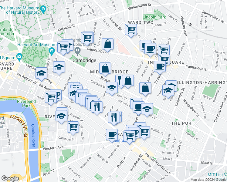 map of restaurants, bars, coffee shops, grocery stores, and more near 3 Hancock Park in Cambridge