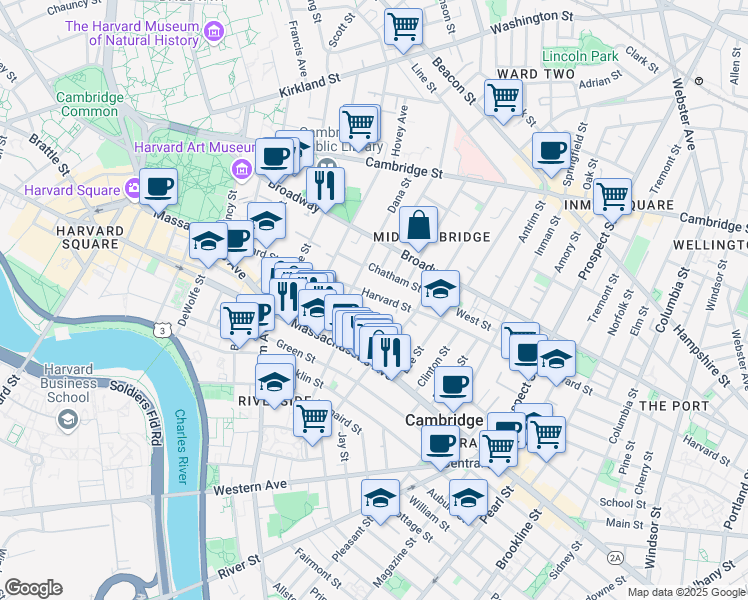 map of restaurants, bars, coffee shops, grocery stores, and more near 338 Harvard Street in Cambridge
