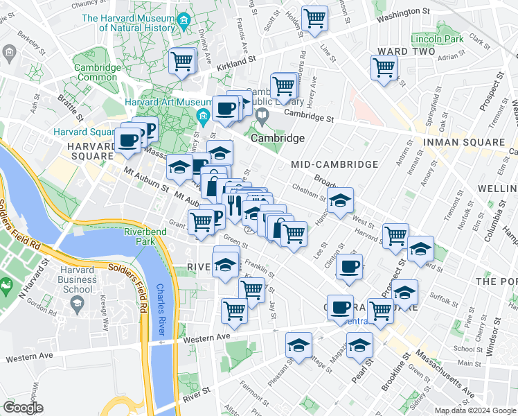 map of restaurants, bars, coffee shops, grocery stores, and more near 11H Dana Place in Cambridge