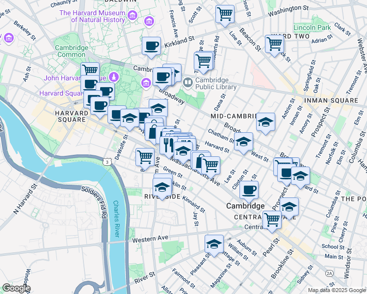 map of restaurants, bars, coffee shops, grocery stores, and more near 11H Dana Place in Cambridge