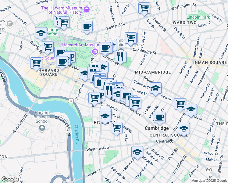 map of restaurants, bars, coffee shops, grocery stores, and more near 12 Trowbridge Street in Cambridge