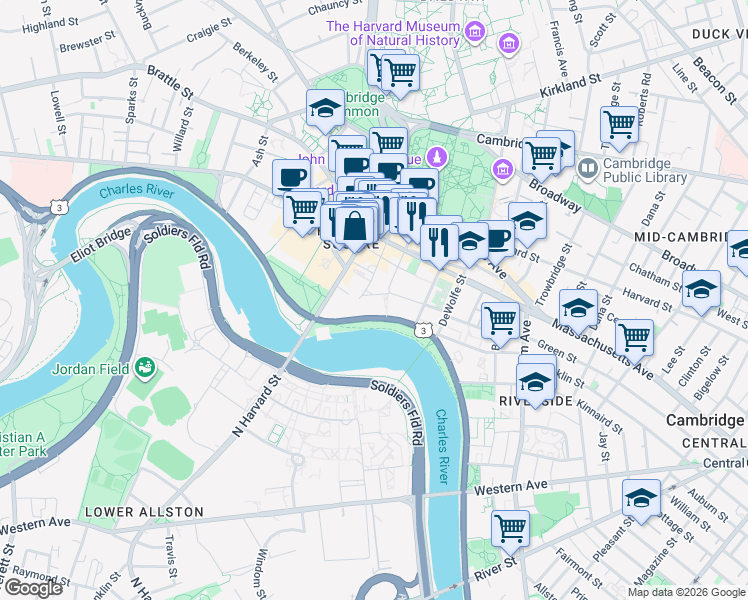 map of restaurants, bars, coffee shops, grocery stores, and more near 30 Mill Street in Cambridge