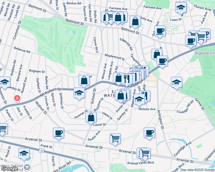 map of restaurants, bars, coffee shops, grocery stores, and more near 521 Mount Auburn Street in Watertown