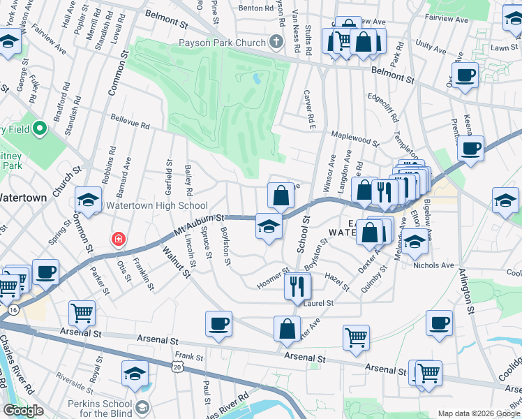 map of restaurants, bars, coffee shops, grocery stores, and more near 18 Adams Avenue in Watertown