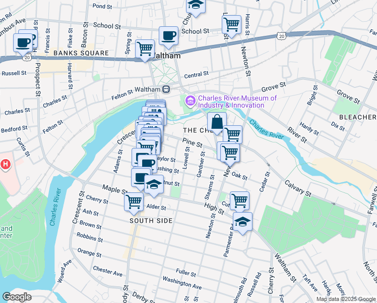 map of restaurants, bars, coffee shops, grocery stores, and more near 12 Lowell Street in Waltham
