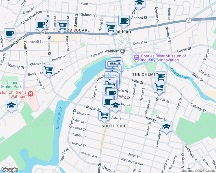 map of restaurants, bars, coffee shops, grocery stores, and more near 29 Spruce Street in Waltham