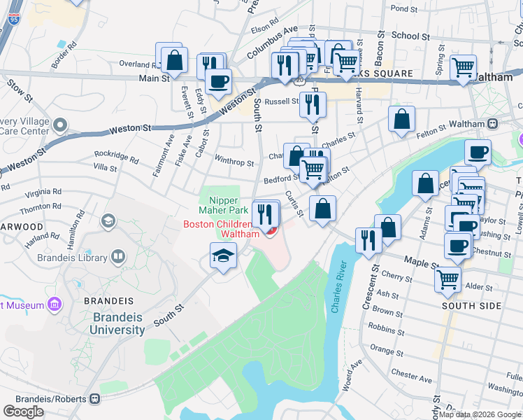 map of restaurants, bars, coffee shops, grocery stores, and more near 158 South Street in Waltham