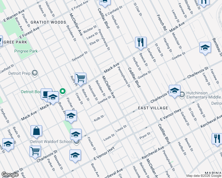 map of restaurants, bars, coffee shops, grocery stores, and more near 3479 McClellan Avenue in Detroit