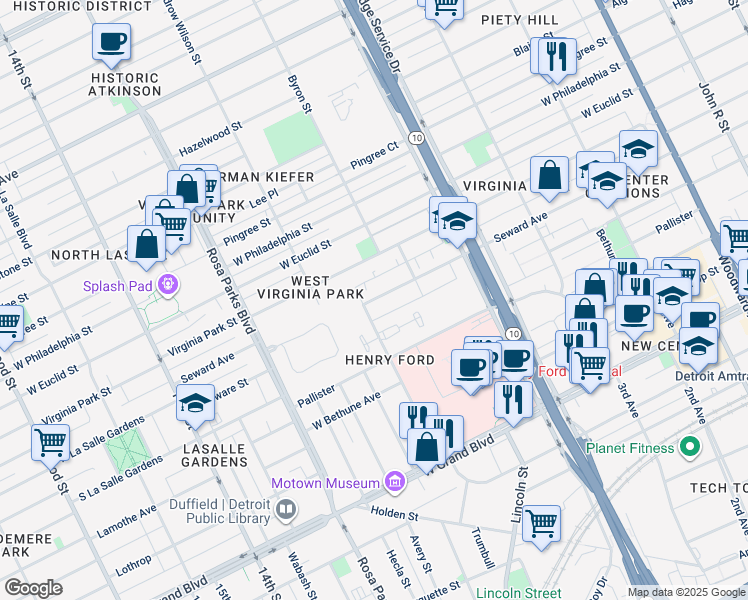 map of restaurants, bars, coffee shops, grocery stores, and more near 1400 Seward Avenue in Detroit