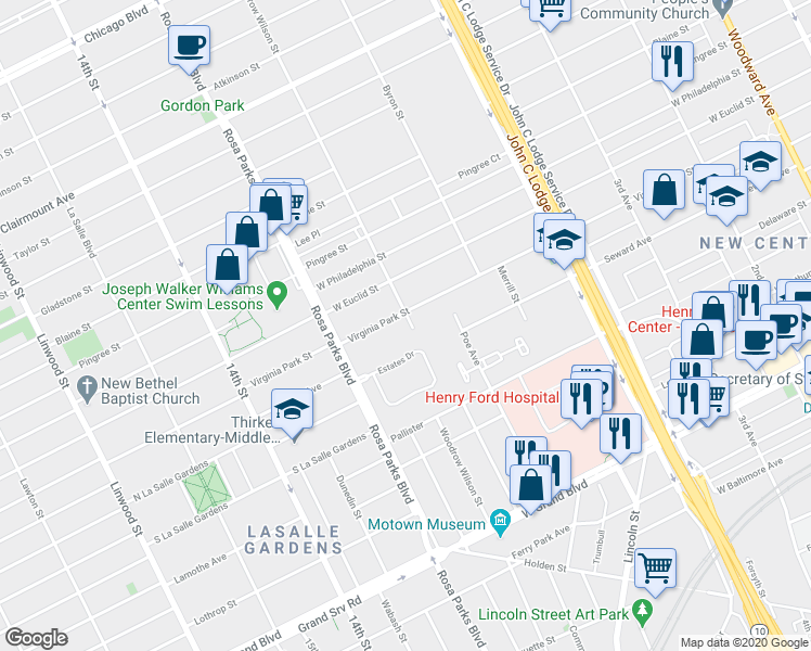 map of restaurants, bars, coffee shops, grocery stores, and more near 1621 Virginia Park Street in Detroit