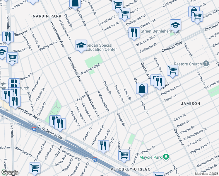 map of restaurants, bars, coffee shops, grocery stores, and more near 9375 Petoskey Avenue in Detroit