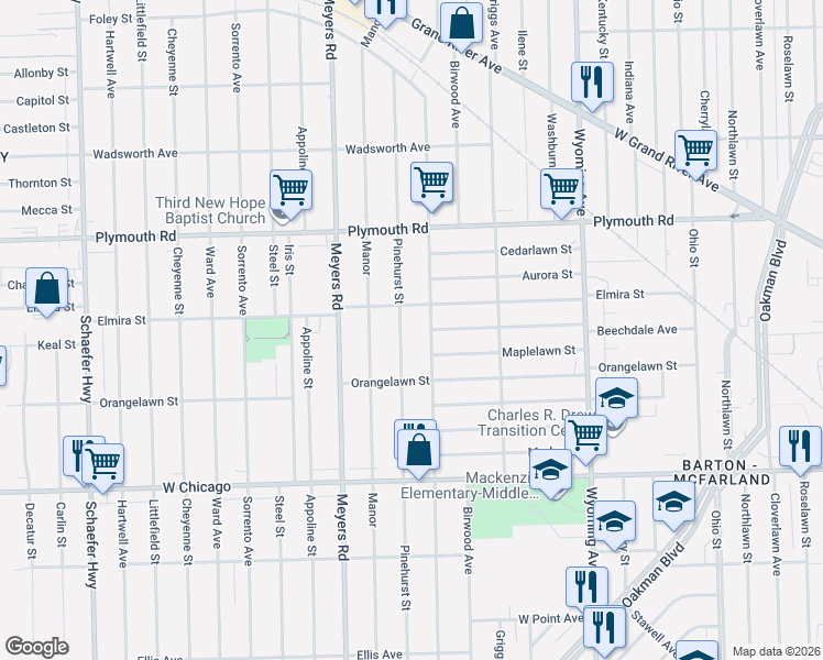 map of restaurants, bars, coffee shops, grocery stores, and more near 10303 Mendota Street in Detroit