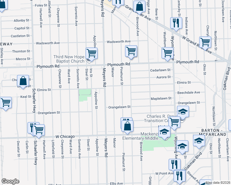 map of restaurants, bars, coffee shops, grocery stores, and more near 10011 Pinehurst Street in Detroit
